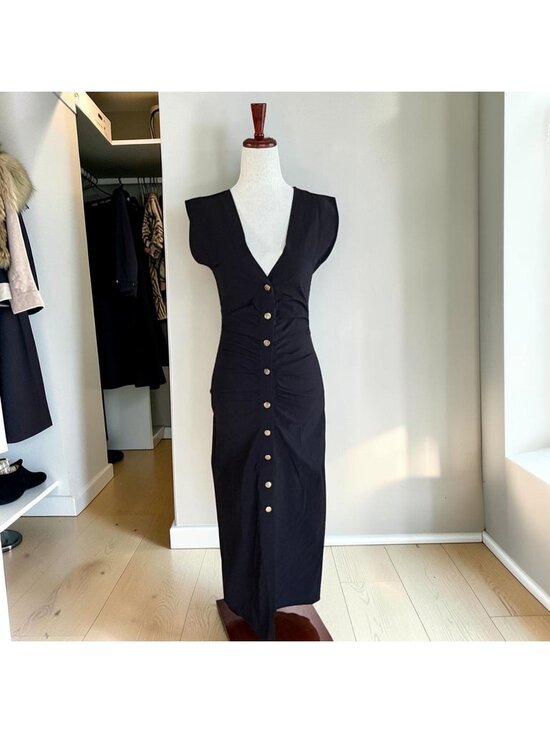 Zara Dresses & Skirts - Zara Black Midi Dress Ruched Gold Snap Button Front V Neck Bodycon Size S Small